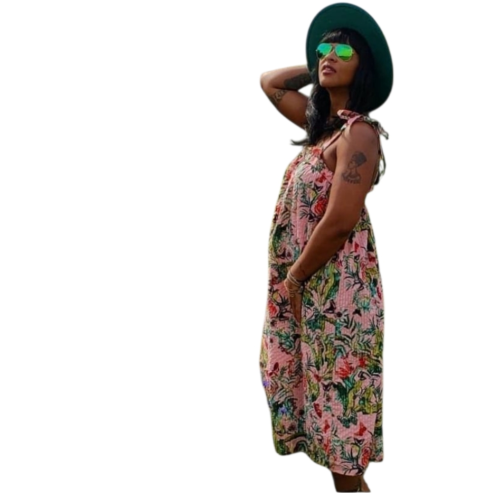 H&M Pink and Green Ruched Maxi Sundress
